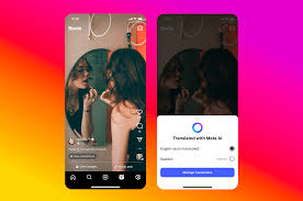 Two smartphones displaying the Instagram app, highlighting the new AI translation tool by Meta
