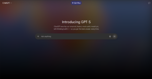 Screenshot of the ChatGPT web interface showing the headline “Introducing GPT-5,” a centered “Ask anything” input box, and a “Get Plus” button on a dark gradient background.