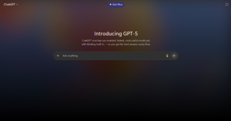 Screenshot of the ChatGPT web interface showing the headline “Introducing GPT-5,” a centered “Ask anything” input box, and a “Get Plus” button on a dark gradient background.