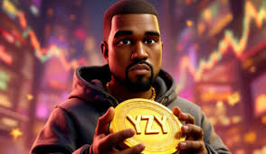 The rapper Kanye West displays a gold coin, representing the hype surrounding the launch of his YZY coin in cryptocurrency.